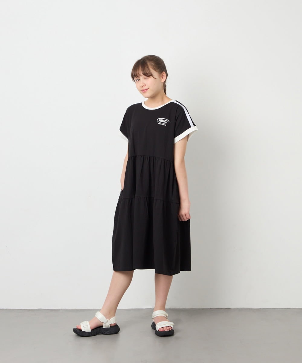 KJPGD02039 a.v.v KIDS(アー・ヴェ・ヴェ) [120-160]【接触冷感/毛玉になりにくい】配色ティアードワンピース ブラック