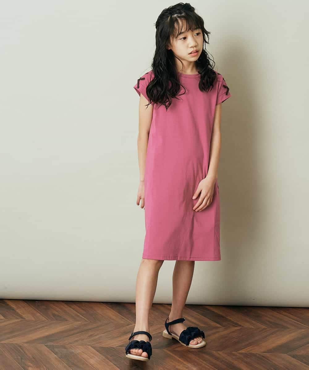 KJPGP01024 a.v.v KIDS(アー・ヴェ・ヴェ) [100-130]ショルダーリボンTシャツワンピース ピンク
