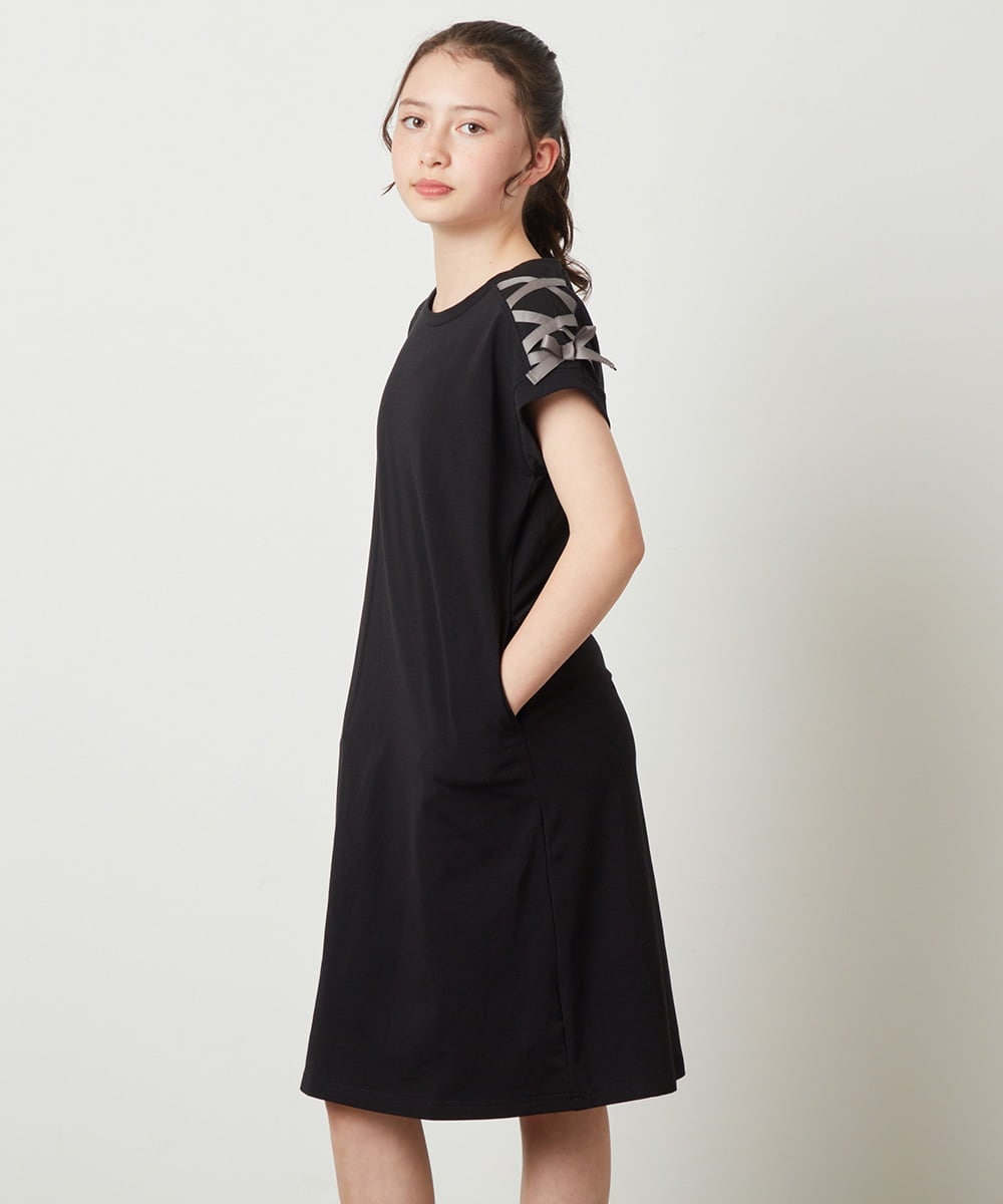 KJPGW01034 a.v.v KIDS(アー・ヴェ・ヴェ) [140-150]アシメショルダーレースアップカットワンピース ブラック