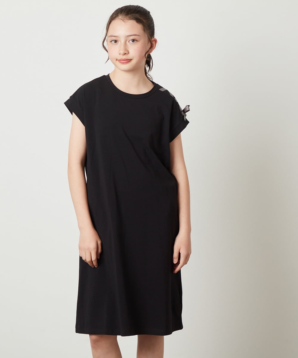 KJPGW01034 a.v.v KIDS(アー・ヴェ・ヴェ) [140-150]アシメショルダーレースアップカットワンピース ブラック