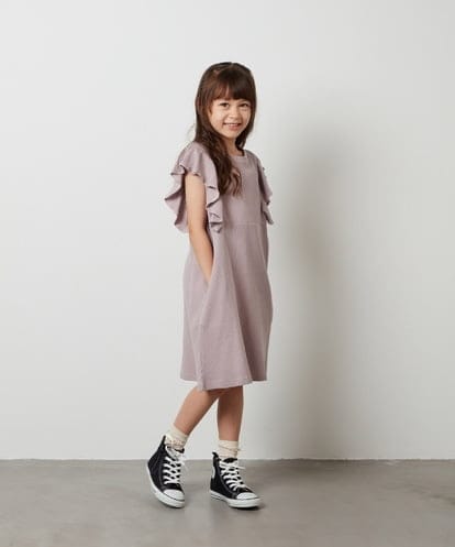 KJPHT22034 a.v.v KIDS [140-150]袖フリルワッフルワンピース