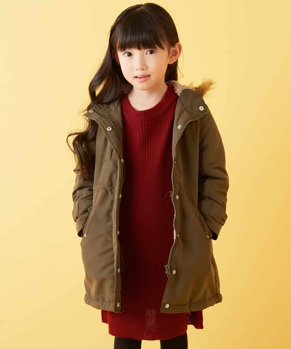 KJUAH06069 a.v.v KIDS(アー・ヴェ・ヴェ) [140-150]【洗える】袖リボン裏ボアモッズコート カーキ
