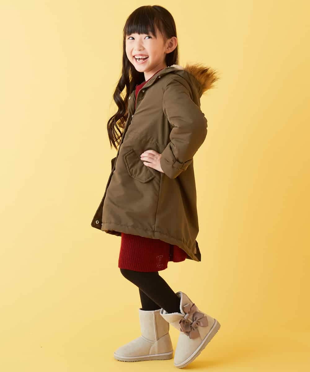 KJUAH06069 a.v.v KIDS(アー・ヴェ・ヴェ) [140-150]【洗える】袖リボン裏ボアモッズコート カーキ