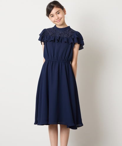 KQEAD02089  [100-160]レース切り替えフリルワンピース