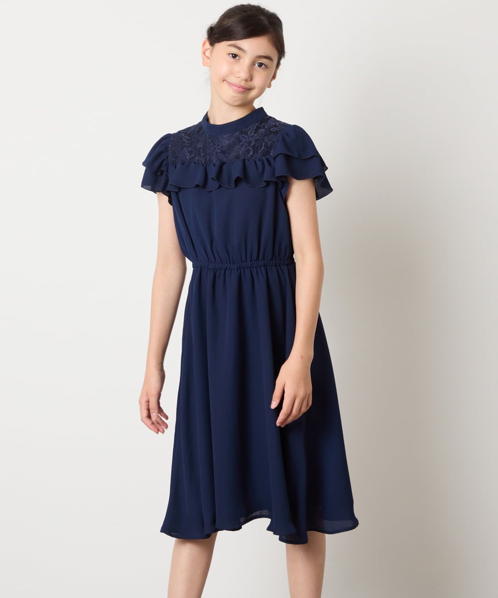 KQEAD02089 a.v.v KIDS(アー・ヴェ・ヴェ) [100-160]レース切り替えフリルワンピース ネイビー