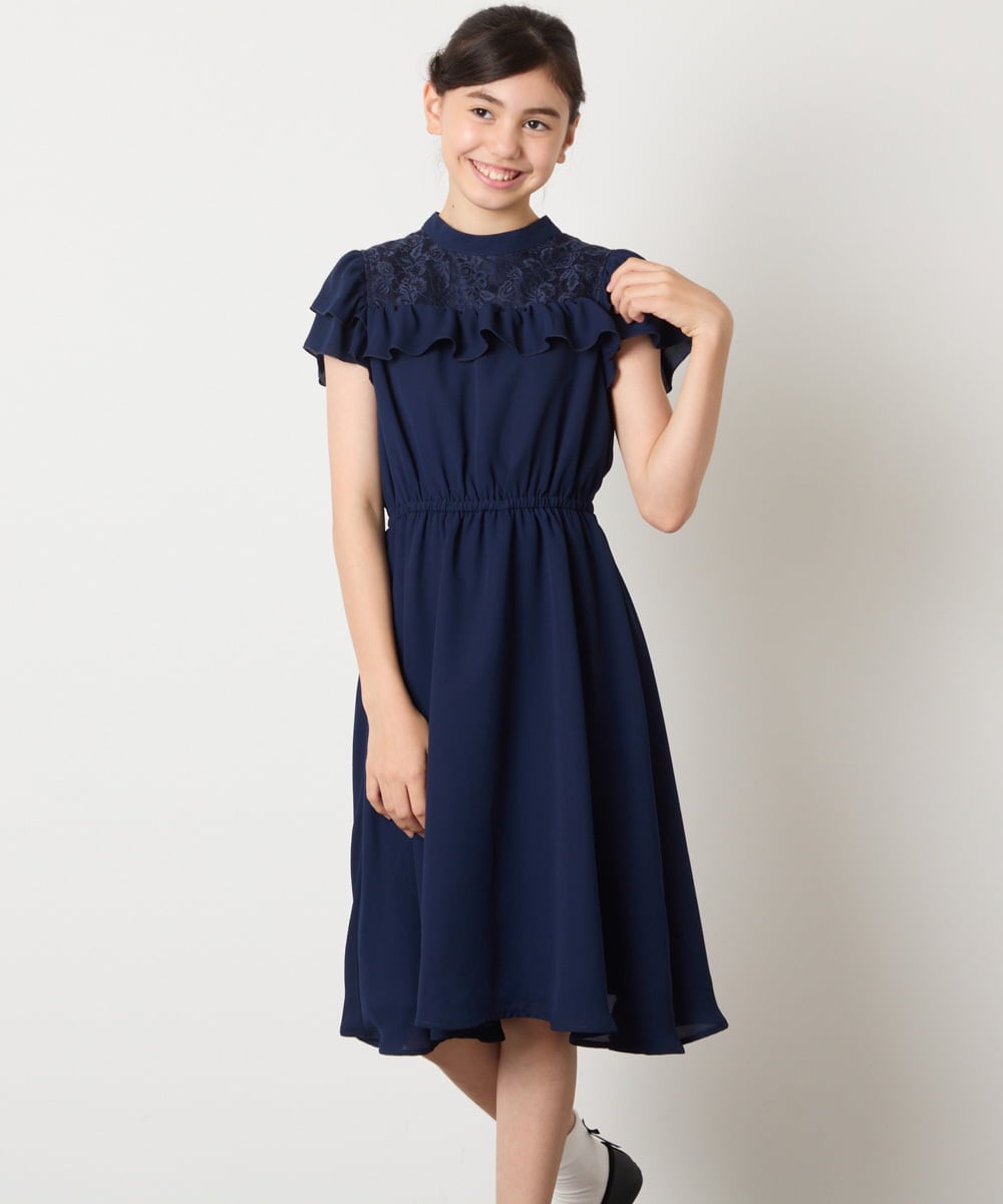 KQEAD02089 a.v.v KIDS(アー・ヴェ・ヴェ) [100-160]レース切り替えフリルワンピース ネイビー