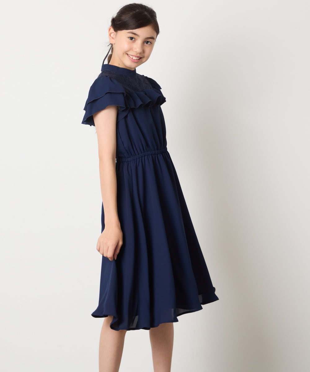KQEAD02089 a.v.v KIDS(アー・ヴェ・ヴェ) [100-160]レース切り替えフリルワンピース ネイビー