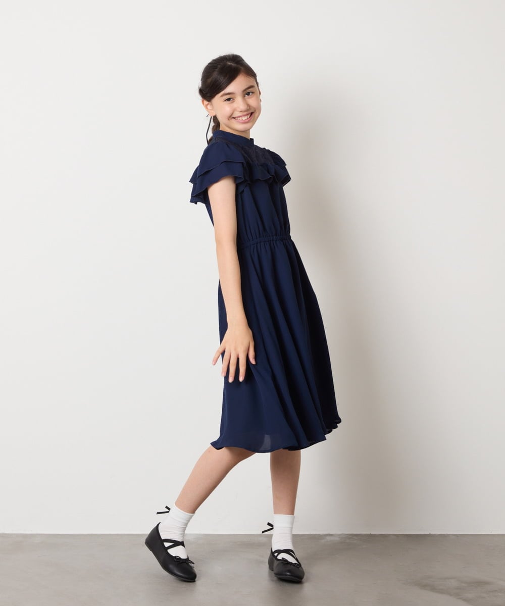 KQEAD02089 a.v.v KIDS(アー・ヴェ・ヴェ) [100-160]レース切り替えフリルワンピース ネイビー
