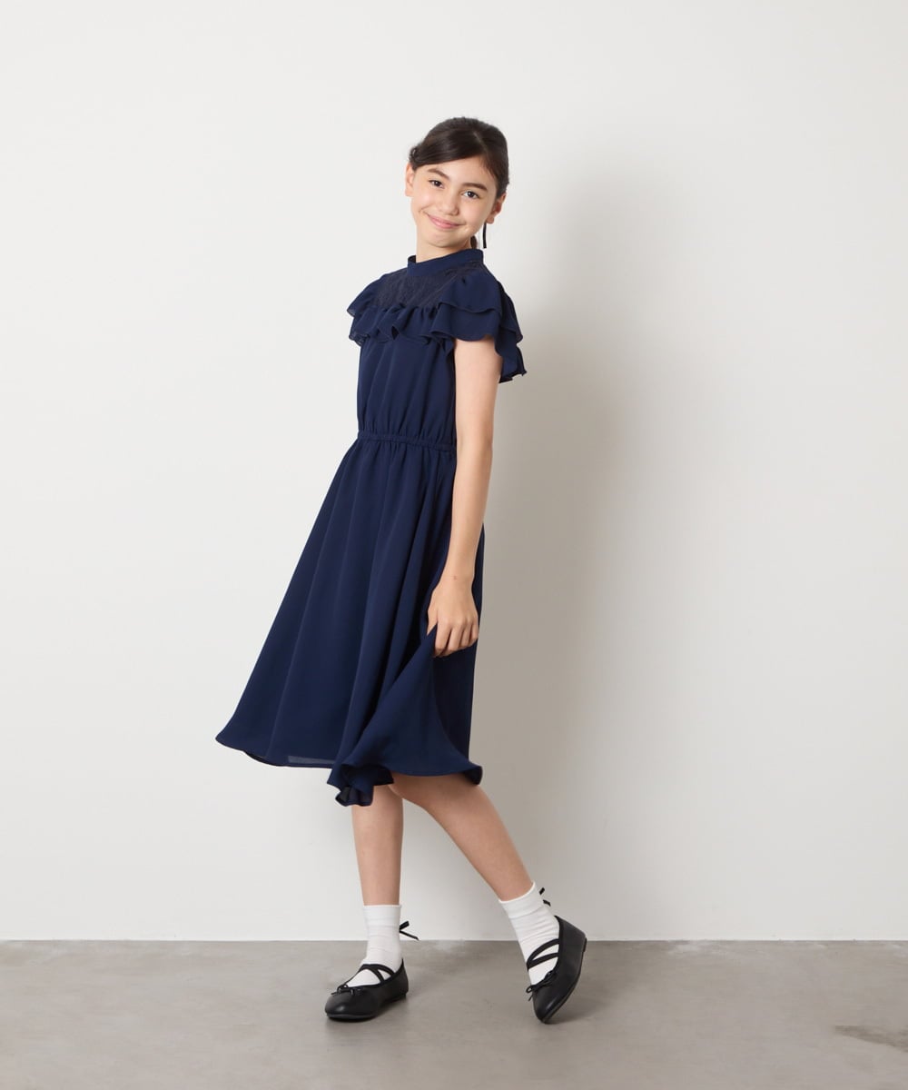 KQEAD02089 a.v.v KIDS(アー・ヴェ・ヴェ) [100-160]レース切り替えフリルワンピース ネイビー