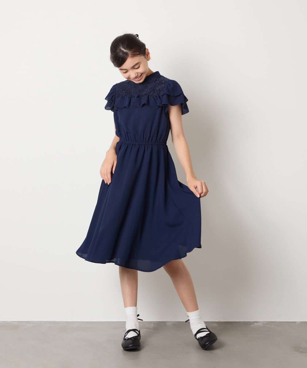 KQEAD02089 a.v.v KIDS(アー・ヴェ・ヴェ) [100-160]レース切り替えフリルワンピース ネイビー