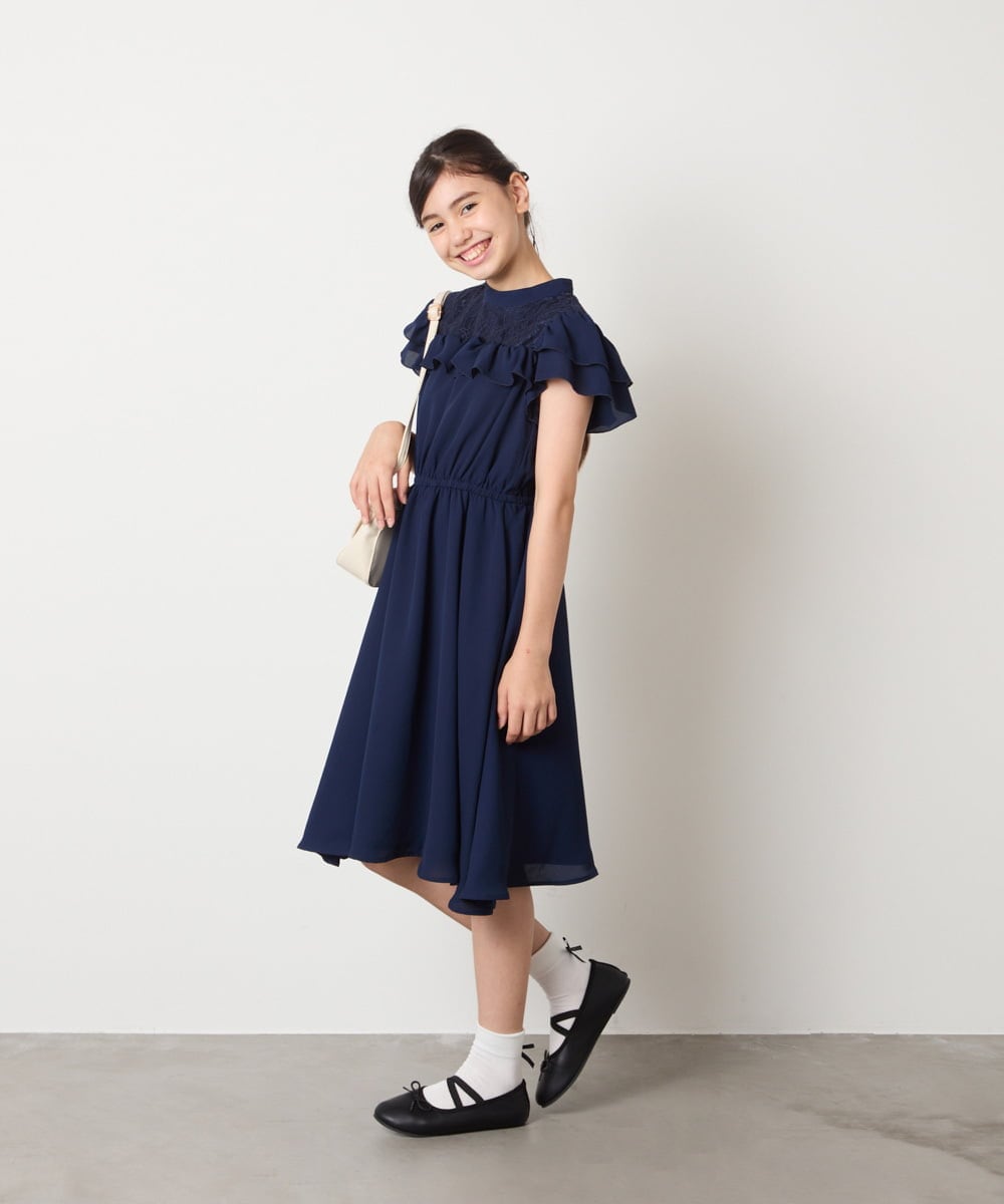 KQEAD02089 a.v.v KIDS(アー・ヴェ・ヴェ) [100-160]レース切り替えフリルワンピース ネイビー