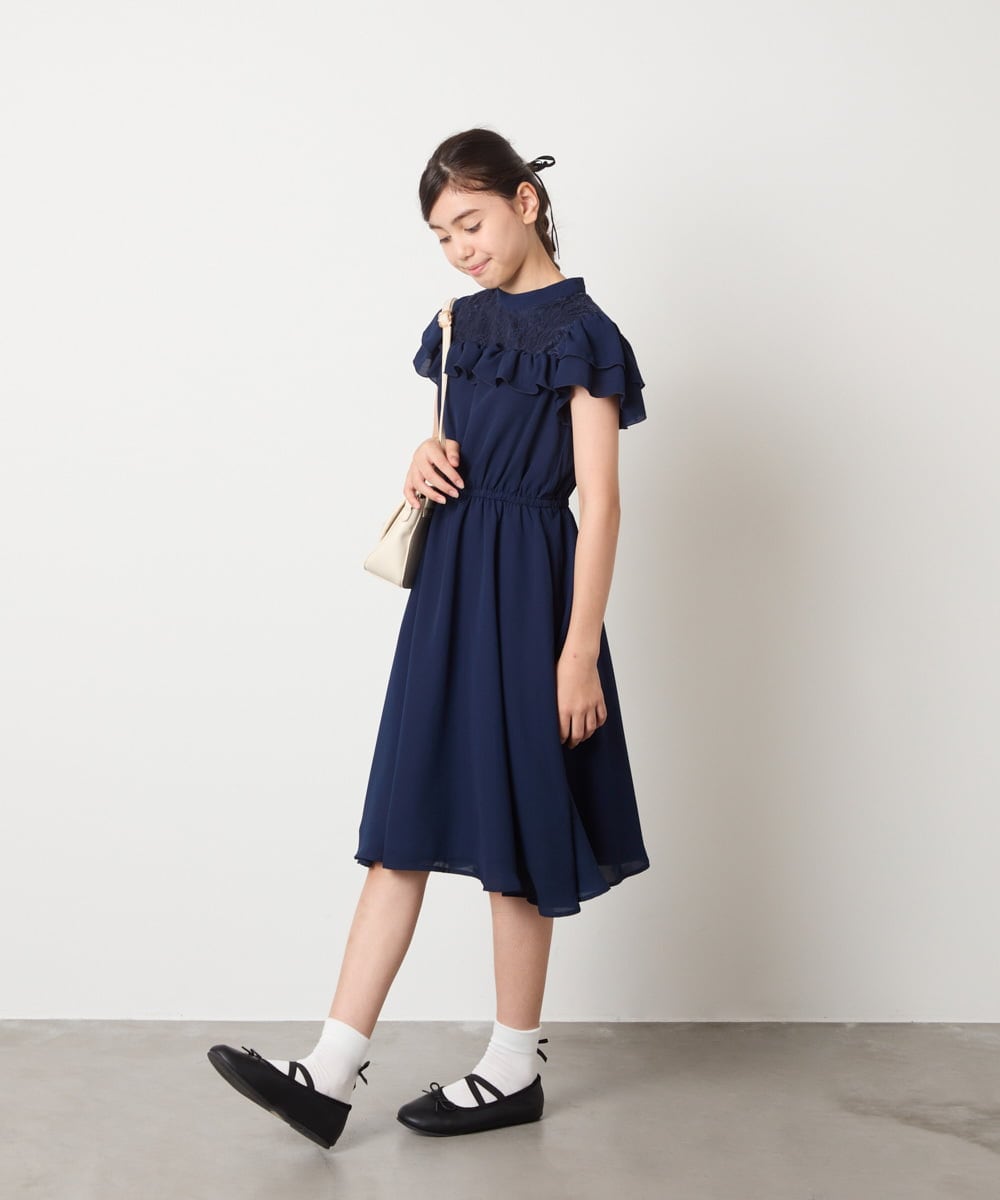 KQEAD02089 a.v.v KIDS(アー・ヴェ・ヴェ) [100-160]レース切り替えフリルワンピース ネイビー