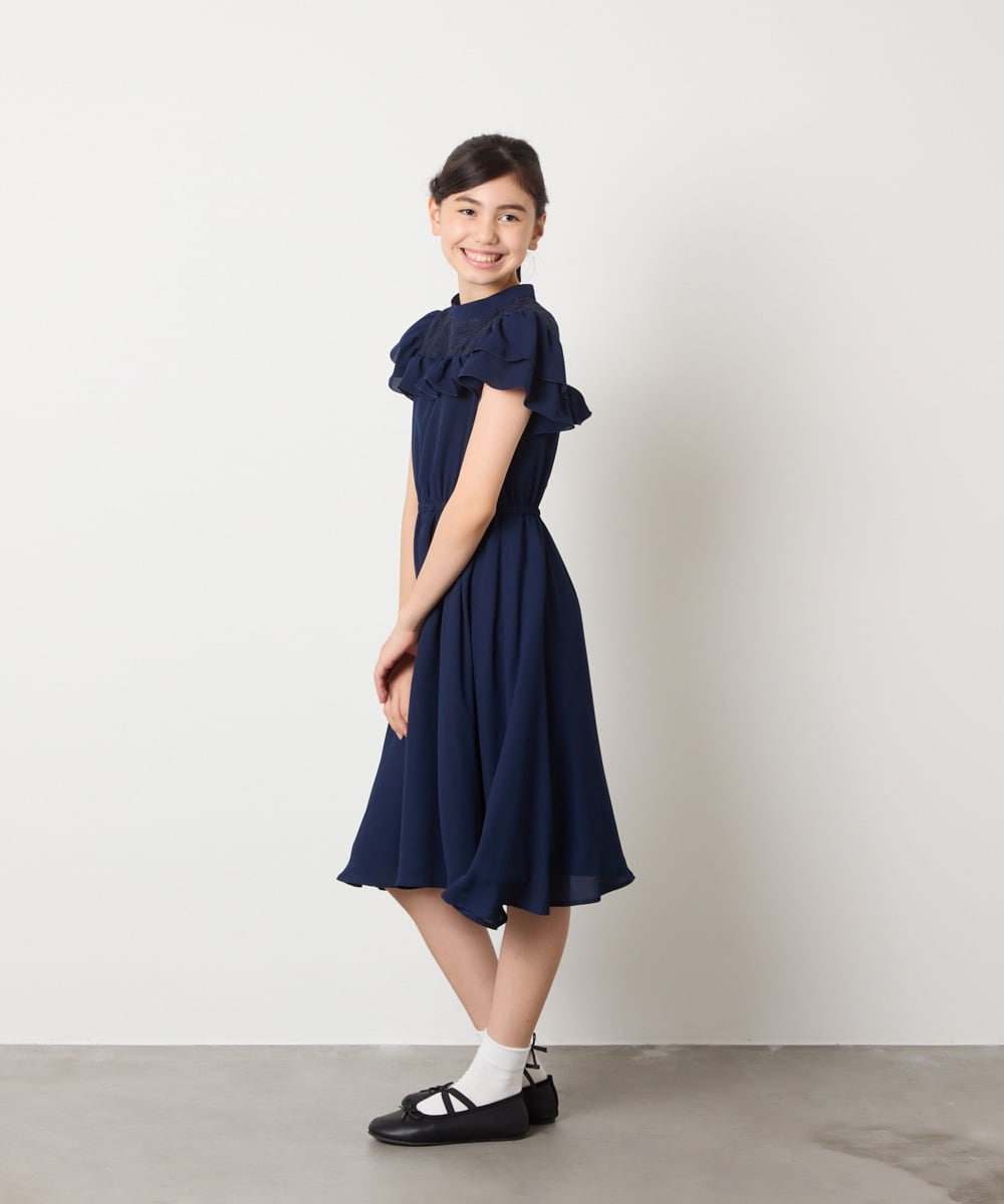 KQEAD02089 a.v.v KIDS(アー・ヴェ・ヴェ) [100-160]レース切り替えフリルワンピース ネイビー