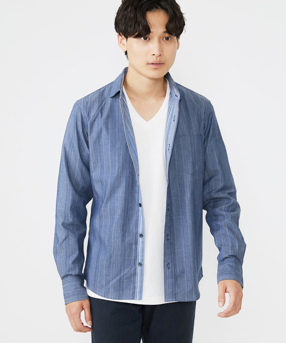 MKBAV53120 MK MICHEL KLEIN HOMME(MKミッシェルクランオム) リバーストライプシャツ ライトブルー(50)