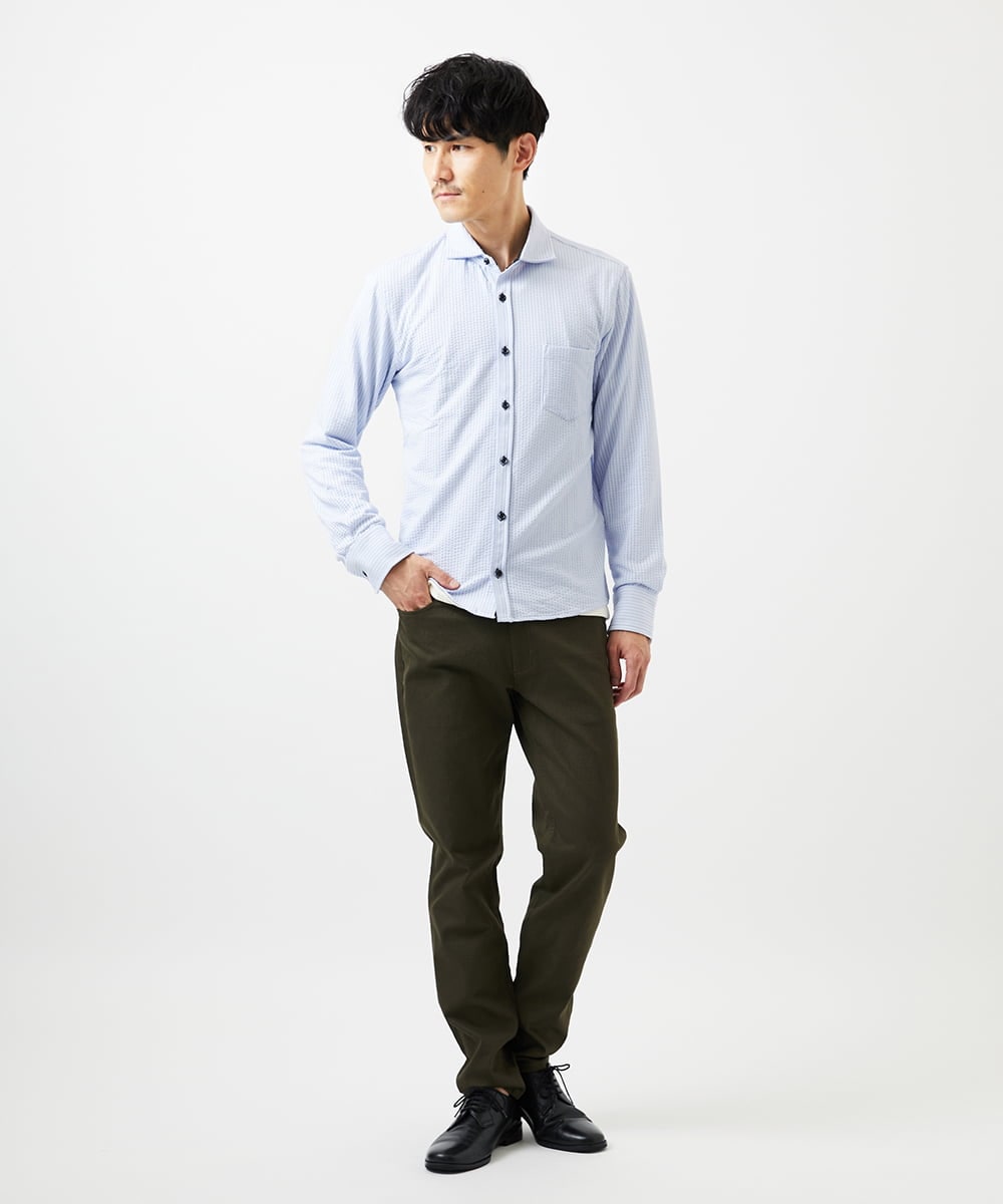 MKBDA65120 MK MICHEL KLEIN HOMME(MKミッシェルクランオム) 【ストレッチ／イージーケア】サッカー織りシャツ ライトブルー