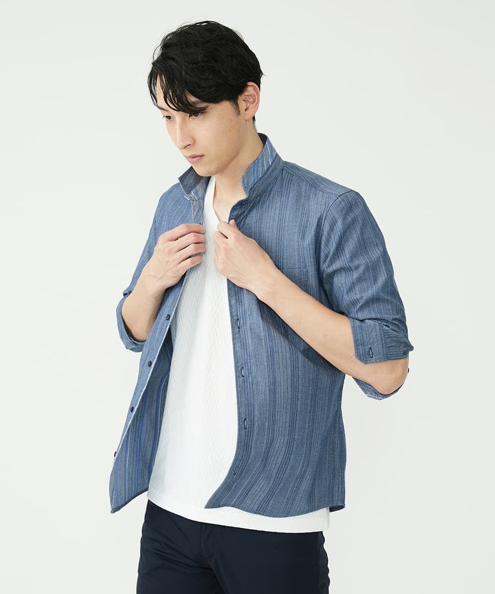 MKBFS51120 MK MICHEL KLEIN HOMME(MKミッシェルクランオム) リバーストライプ7分袖シャツ ライトブルー(50)