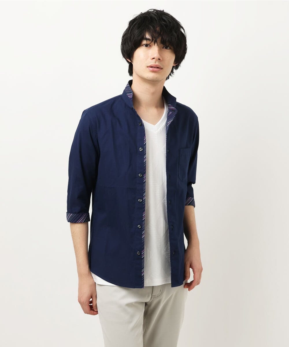 MKBFS51120 MK MICHEL KLEIN HOMME(MKミッシェルクランオム) リバーストライプ7分袖シャツ ネイビー(57)