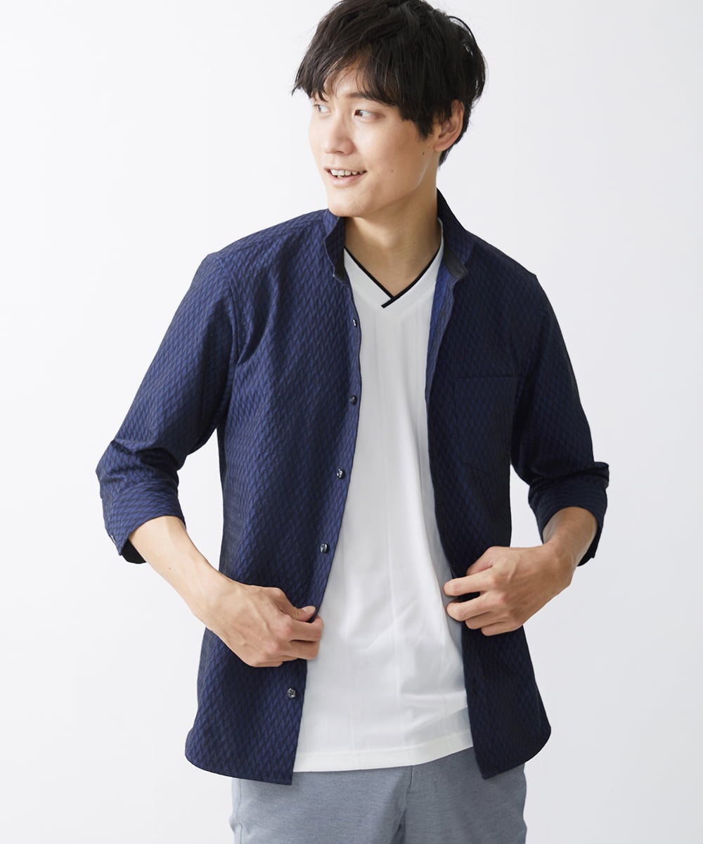 MKBFV63130 MK MICHEL KLEIN HOMME(MKミッシェルクランオム) 【日本製生地/ONOFF対応】七分袖シャツ/SOLOTEXフェザーへリンボン ネイビー