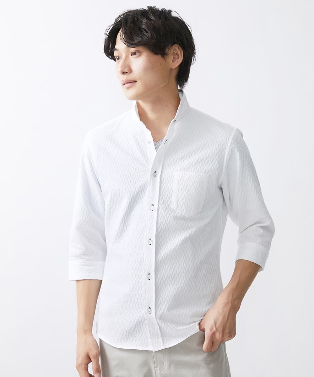 MKBFV63130 MK MICHEL KLEIN HOMME(MKミッシェルクランオム) 【日本製生地/ONOFF対応】七分袖シャツ/SOLOTEXフェザーへリンボン ホワイト
