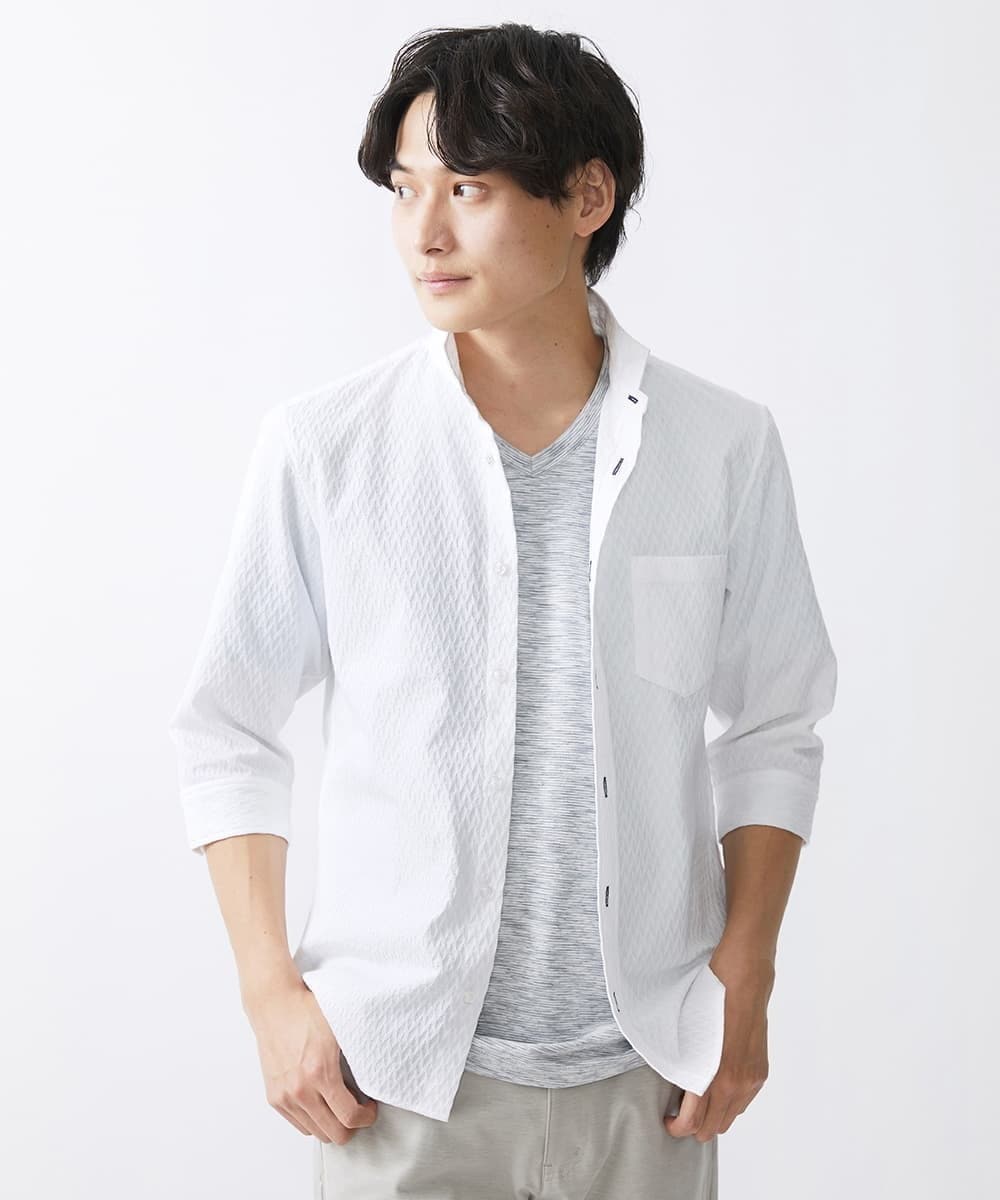 MKBFV63130 MK MICHEL KLEIN HOMME(MKミッシェルクランオム) 【日本製生地/ONOFF対応】七分袖シャツ/SOLOTEXフェザーへリンボン ホワイト
