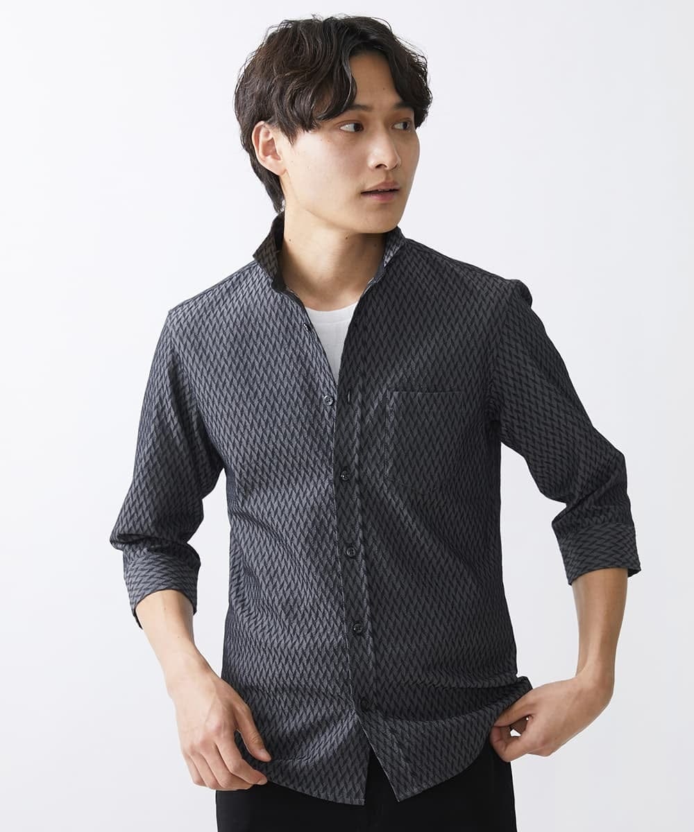 MKBFV63130 MK MICHEL KLEIN HOMME(MKミッシェルクランオム) 【日本製生地/ONOFF対応】七分袖シャツ/SOLOTEXフェザーへリンボン ダークグレー