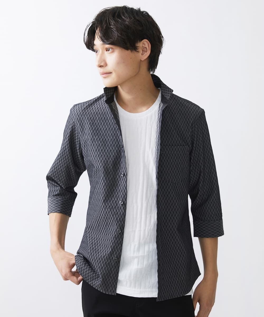 MKBFV63130 MK MICHEL KLEIN HOMME(MKミッシェルクランオム) 【日本製生地/ONOFF対応】七分袖シャツ/SOLOTEXフェザーへリンボン ダークグレー