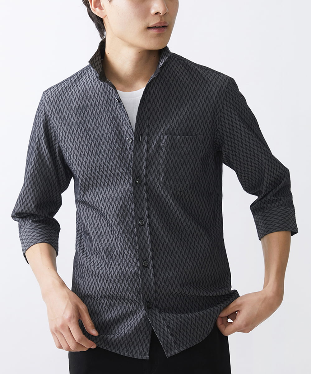 MKBFV63130 MK MICHEL KLEIN HOMME(MKミッシェルクランオム) 【日本製生地/ONOFF対応】七分袖シャツ/SOLOTEXフェザーへリンボン ダークグレー