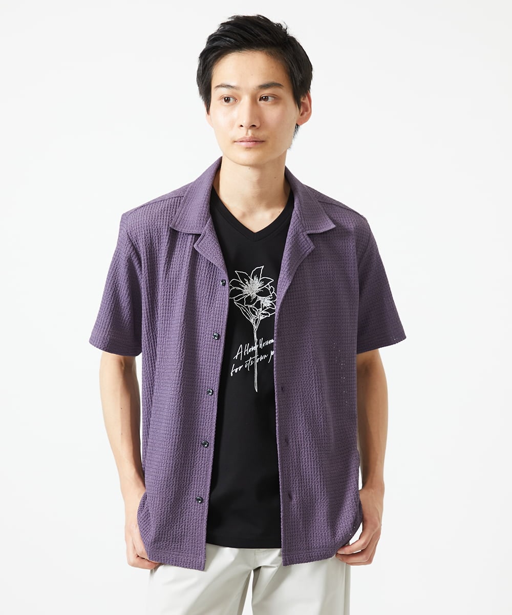 MKBGA03090 MK MICHEL KLEIN HOMME(MKミッシェルクランオム) オープンカラーシャツ / シアーラッセル  パープル
