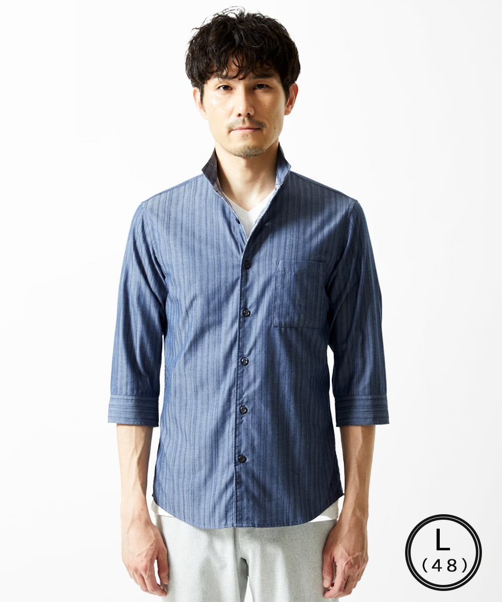 MKBGA54120 MK MICHEL KLEIN HOMME(MKミッシェルクランオム) 【洗える】ドビーリバーシブル七分袖シャツ ブルー