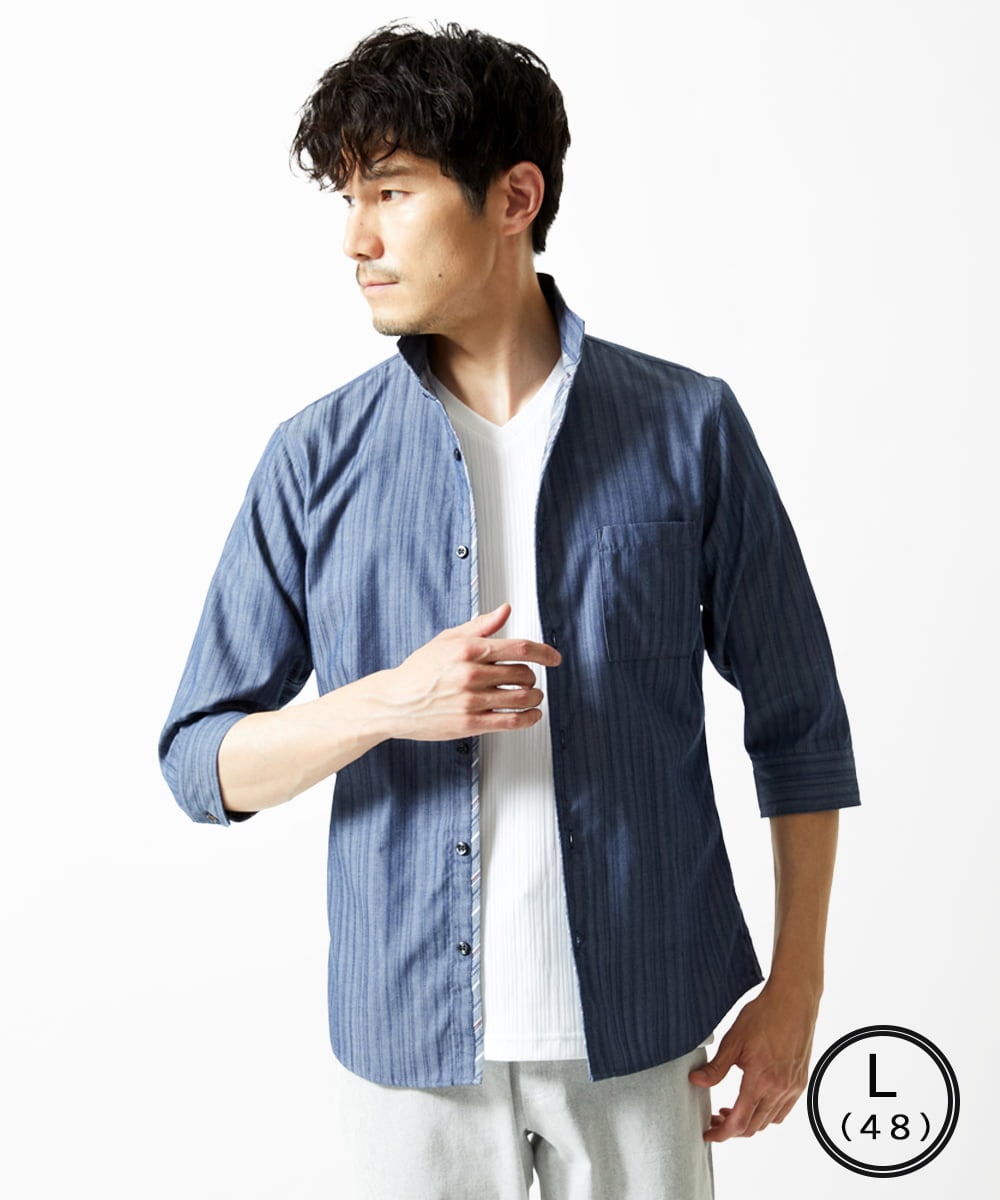 MKBGA54120 MK MICHEL KLEIN HOMME(MKミッシェルクランオム) 【洗える】ドビーリバーシブル七分袖シャツ ブルー