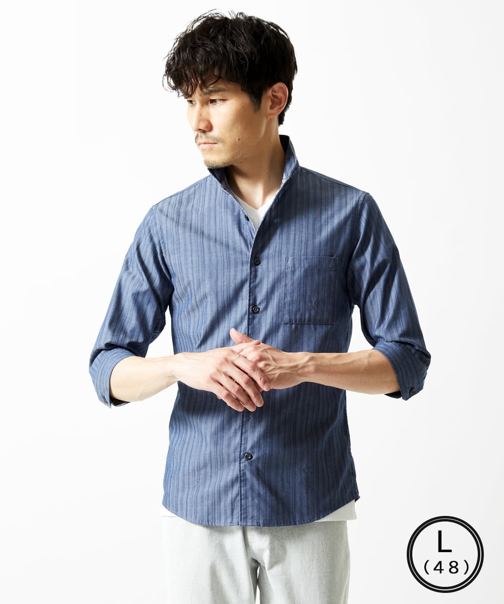 MKBGA54120 MK MICHEL KLEIN HOMME(MKミッシェルクランオム) 【洗える】ドビーリバーシブル七分袖シャツ ブルー