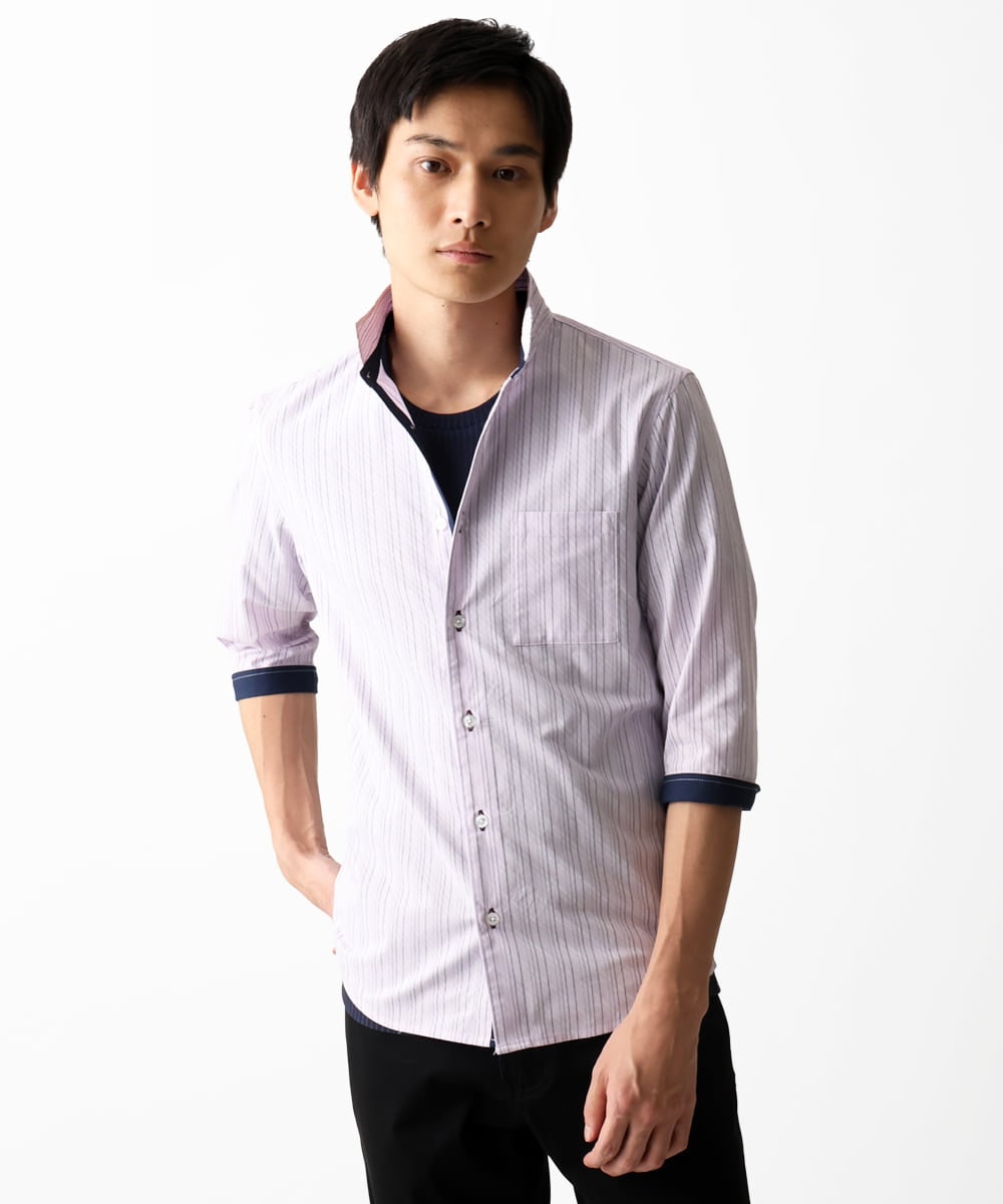 MKBGA57130 MK MICHEL KLEIN HOMME(MKミッシェルクランオム) 七分袖シャツ / シャドーバイヤスストライプ ピンク