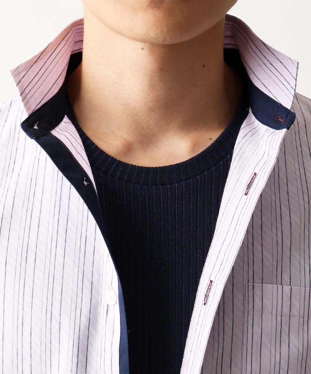 MKBGA57130 MK MICHEL KLEIN HOMME(MKミッシェルクランオム) 七分袖シャツ / シャドーバイヤスストライプ ピンク