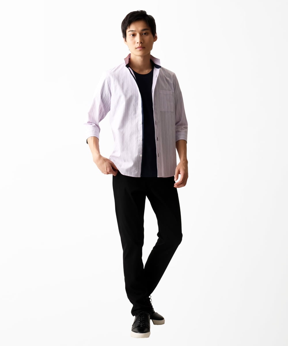 MKBGA57130 MK MICHEL KLEIN HOMME(MKミッシェルクランオム) 七分袖シャツ / シャドーバイヤスストライプ ピンク