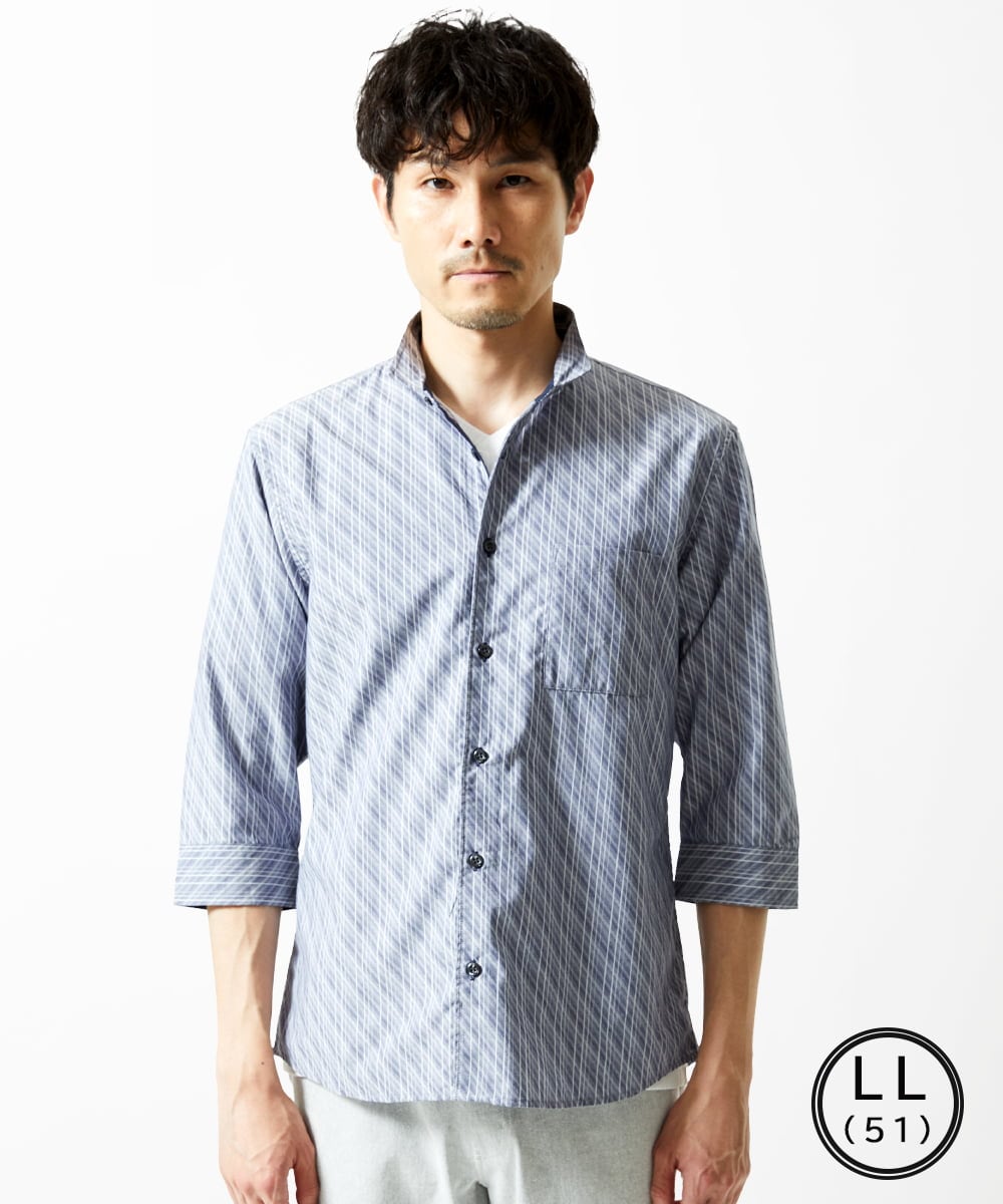 MKBGA57130 MK MICHEL KLEIN HOMME(MKミッシェルクランオム) 【日本製生地使用】シャドーバイヤスストライプ七分袖シャツ  ネイビー