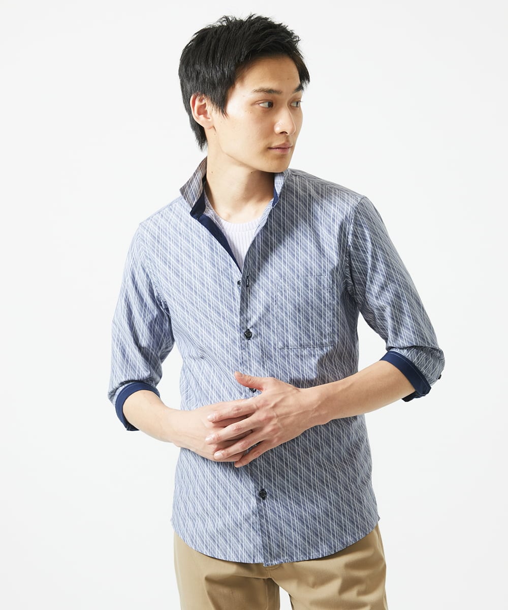 MKBGA57130 MK MICHEL KLEIN HOMME(MKミッシェルクランオム) 七分袖シャツ / シャドーバイヤスストライプ ネイビー