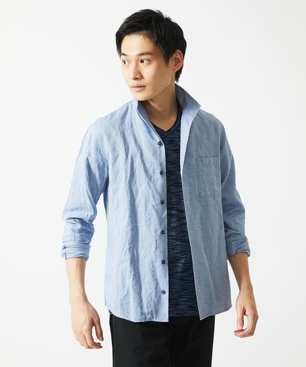 MKBGA64160 MK MICHEL KLEIN HOMME(MKミッシェルクランオム) スタンドカラーシャツ / フレンチリネンドビー ブルー