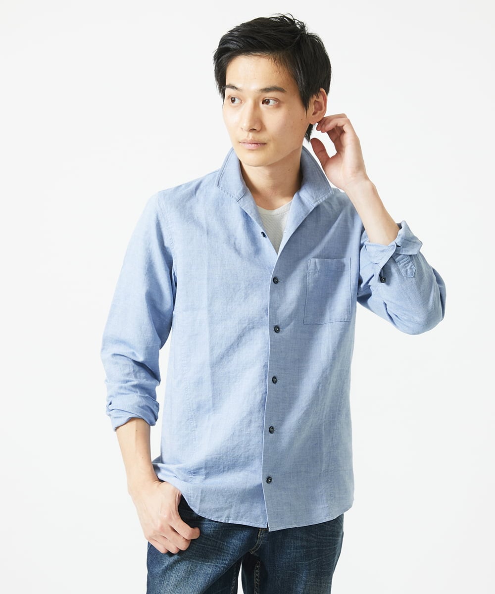 MKBGA64160 MK MICHEL KLEIN HOMME(MKミッシェルクランオム) スタンドカラーシャツ / フレンチリネンドビー ブルー