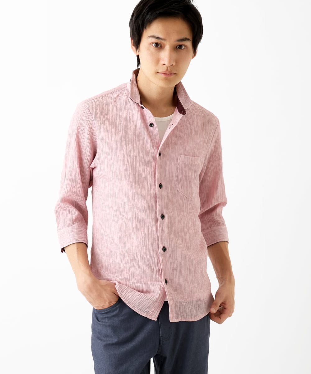 MKBGC21130 MK MICHEL KLEIN HOMME(MKミッシェルクランオム) 七分袖シャツ / 楊柳ストライプ ピンク