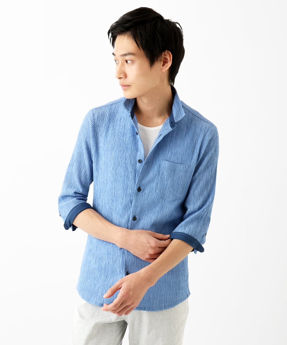 MKBGC21130 MK MICHEL KLEIN HOMME(MKミッシェルクランオム) 七分袖シャツ / 楊柳ストライプ ライトブルー