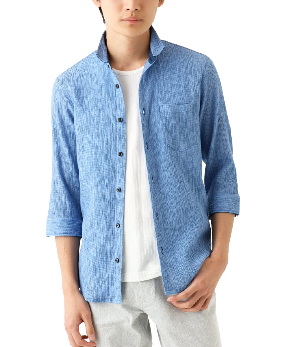 MKBGC21130 MK MICHEL KLEIN HOMME(MKミッシェルクランオム) 七分袖シャツ / 楊柳ストライプ ライトブルー