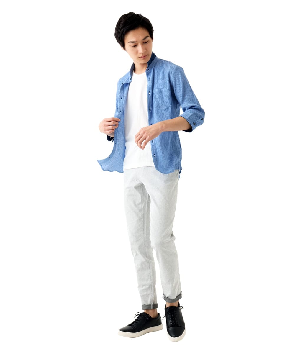 MKBGC21130 MK MICHEL KLEIN HOMME(MKミッシェルクランオム) 七分袖シャツ / 楊柳ストライプ ライトブルー