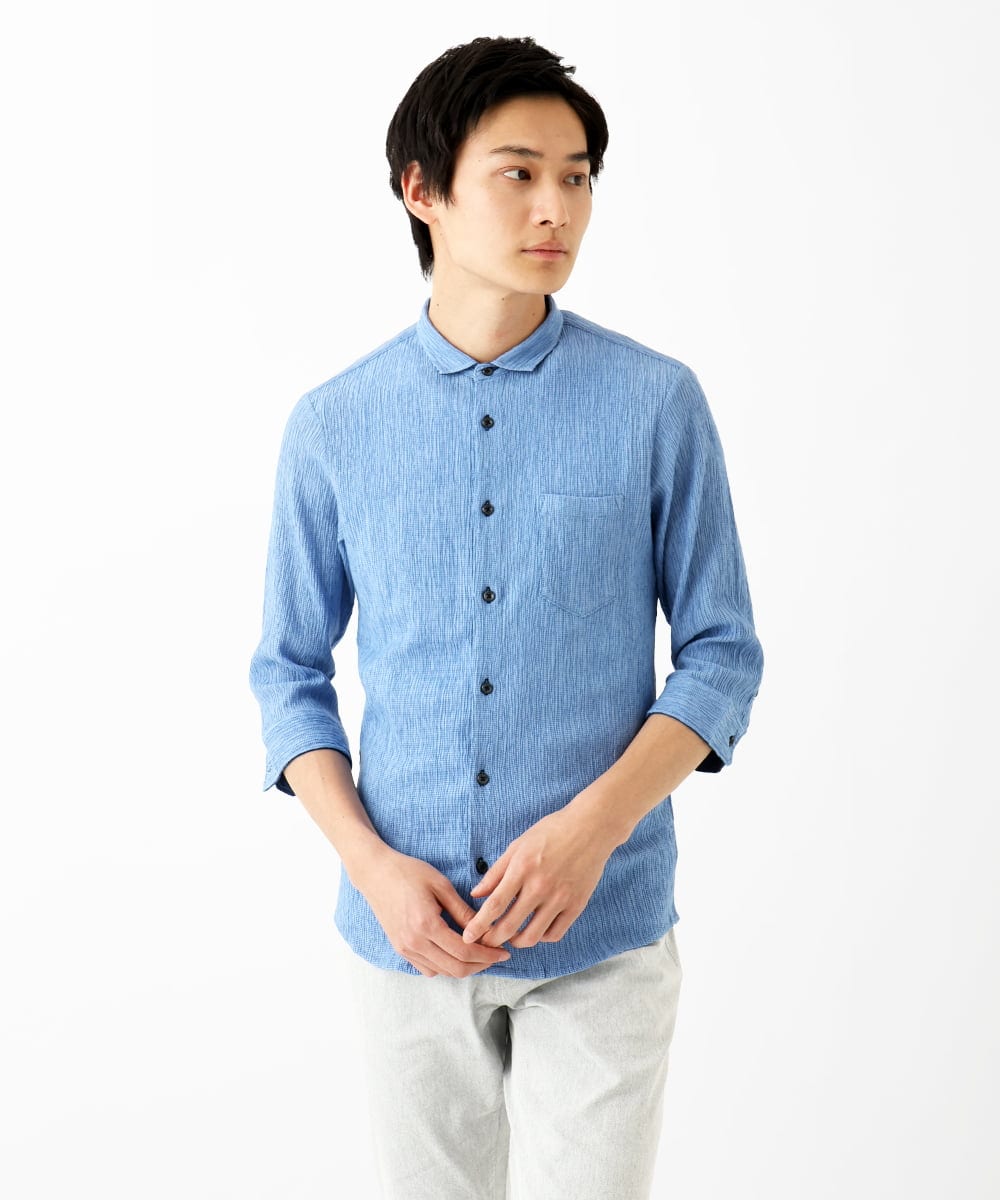 MKBGC21130 MK MICHEL KLEIN HOMME(MKミッシェルクランオム) 七分袖シャツ / 楊柳ストライプ ライトブルー