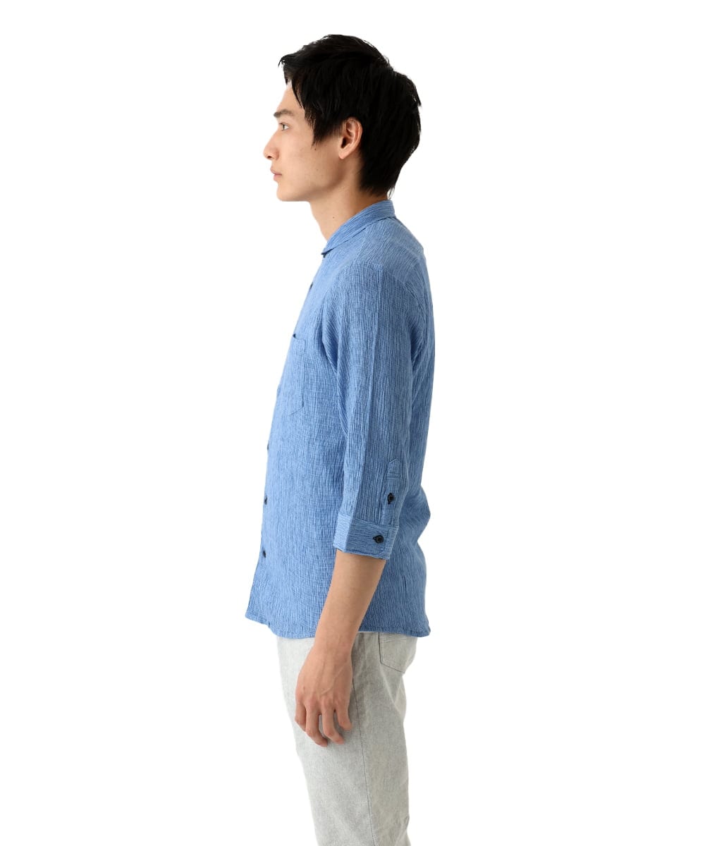 MKBGC21130 MK MICHEL KLEIN HOMME(MKミッシェルクランオム) 七分袖シャツ / 楊柳ストライプ ライトブルー