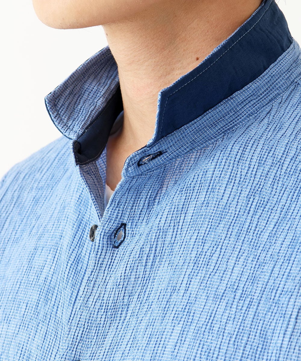 MKBGC21130 MK MICHEL KLEIN HOMME(MKミッシェルクランオム) 七分袖シャツ / 楊柳ストライプ ライトブルー