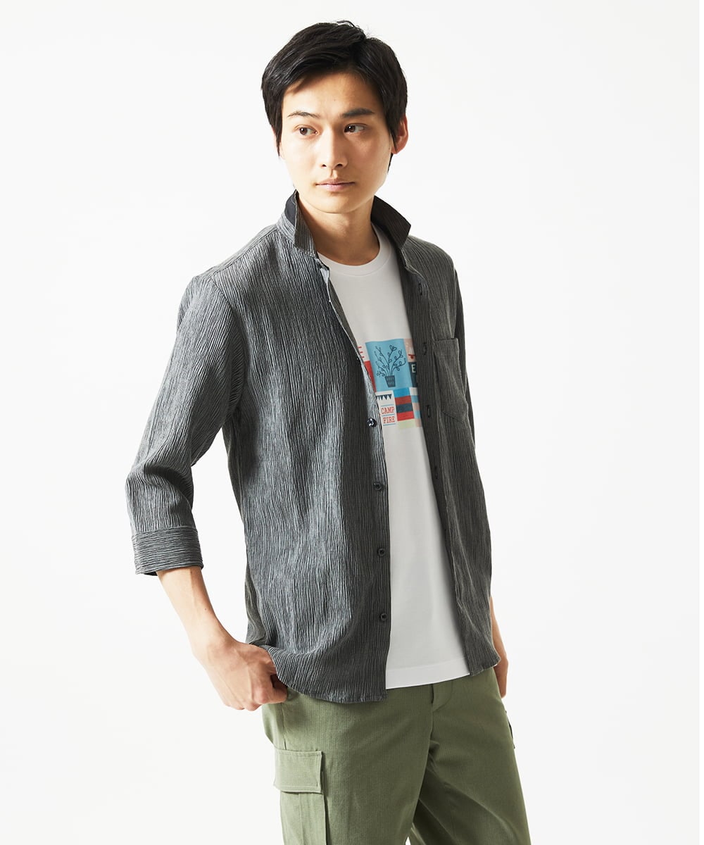 MKBGC21130 MK MICHEL KLEIN HOMME(MKミッシェルクランオム) 七分袖シャツ / 楊柳ストライプ ダークグレー