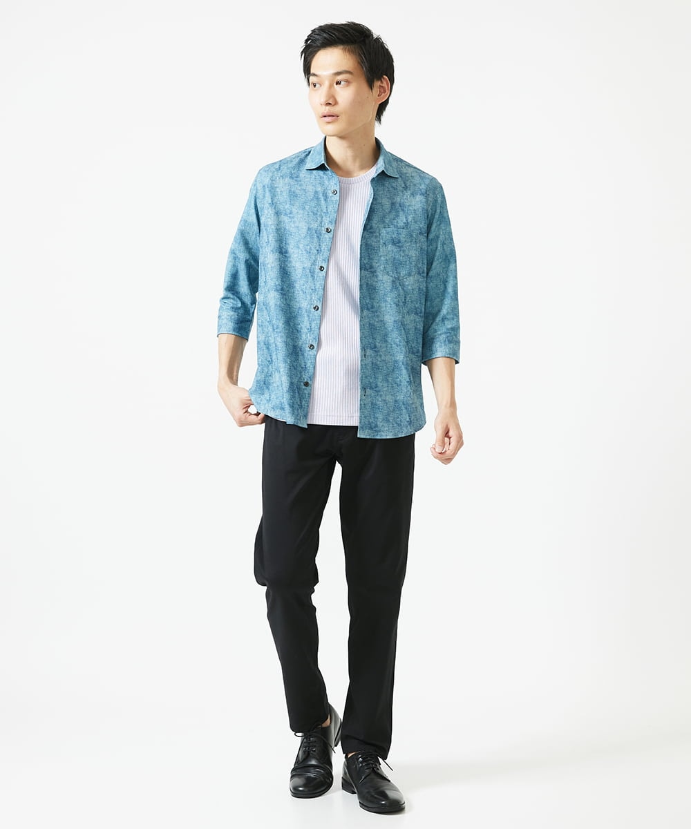 MKBGC61130 MK MICHEL KLEIN HOMME(MKミッシェルクランオム) 【洗える/ ドライタッチ】 シャルバート楊柳七分袖シャツ ライトブルー
