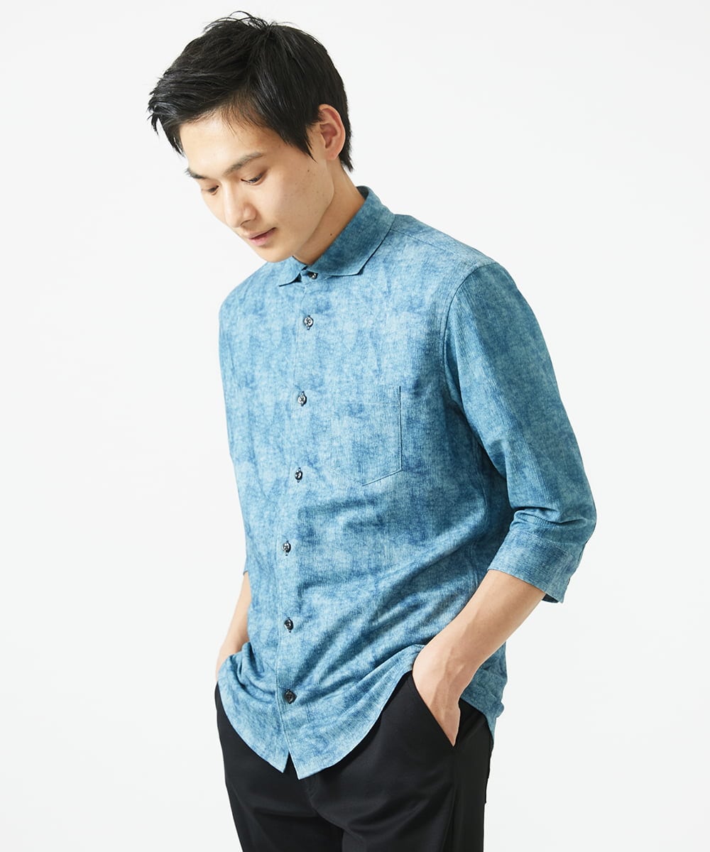 MKBGC61130 MK MICHEL KLEIN HOMME(MKミッシェルクランオム) 【洗える/ ドライタッチ】 シャルバート楊柳七分袖シャツ ライトブルー