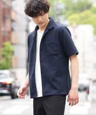MKBGR02075 MK MICHEL KLEIN HOMME(MKミッシェルクランオム) ヘリンボーン半袖シャツ ネイビー