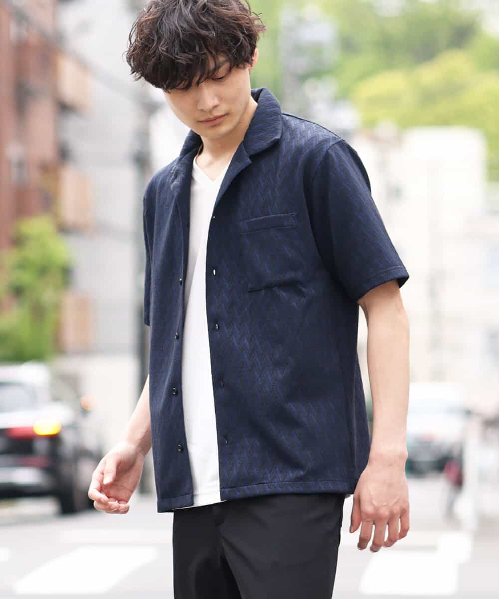 MKBGR02075 MK MICHEL KLEIN HOMME(MKミッシェルクランオム) ヘリンボーン半袖シャツ ネイビー
